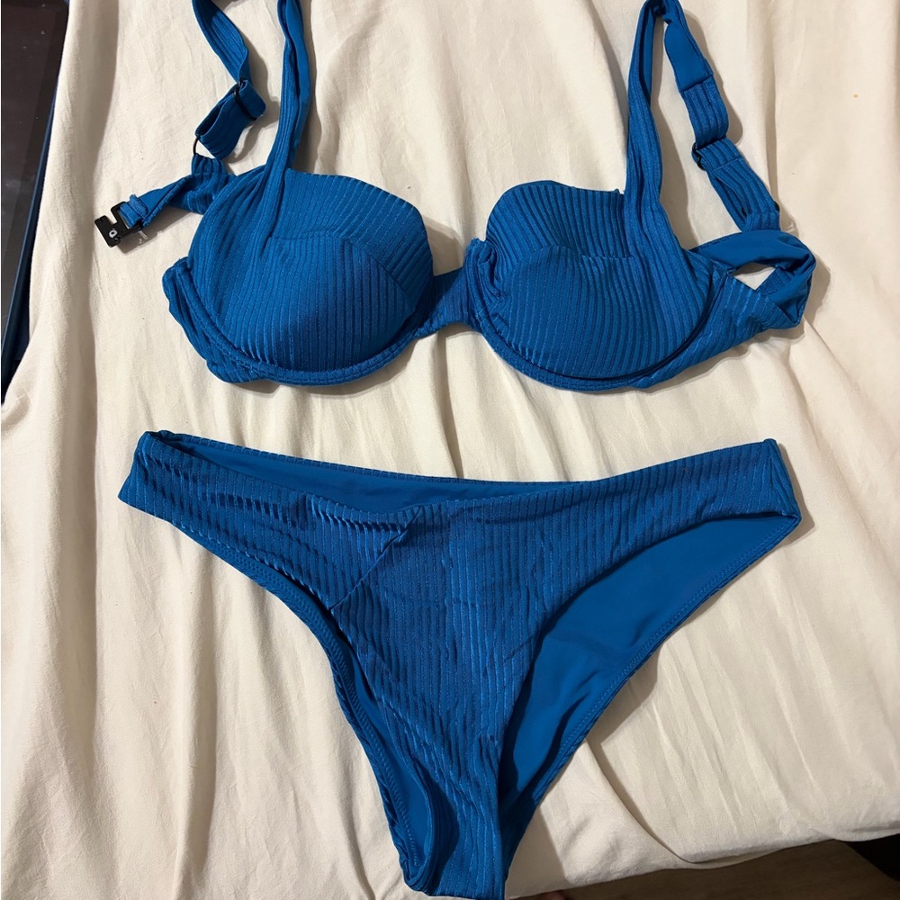 Vetchy Blue Ribbed Women’s Bikini Set - Adjustable Straps